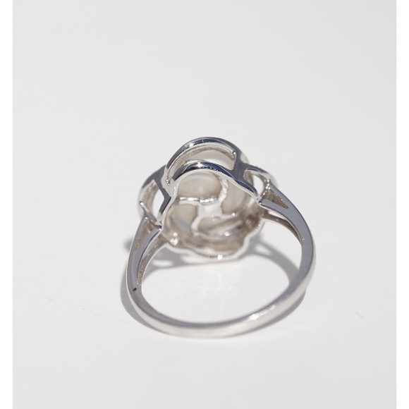 Vintage 14k Solid White Gold Natural Pearl & Bright Diamond Ring - Halo Swirl - Picture 6 of 8